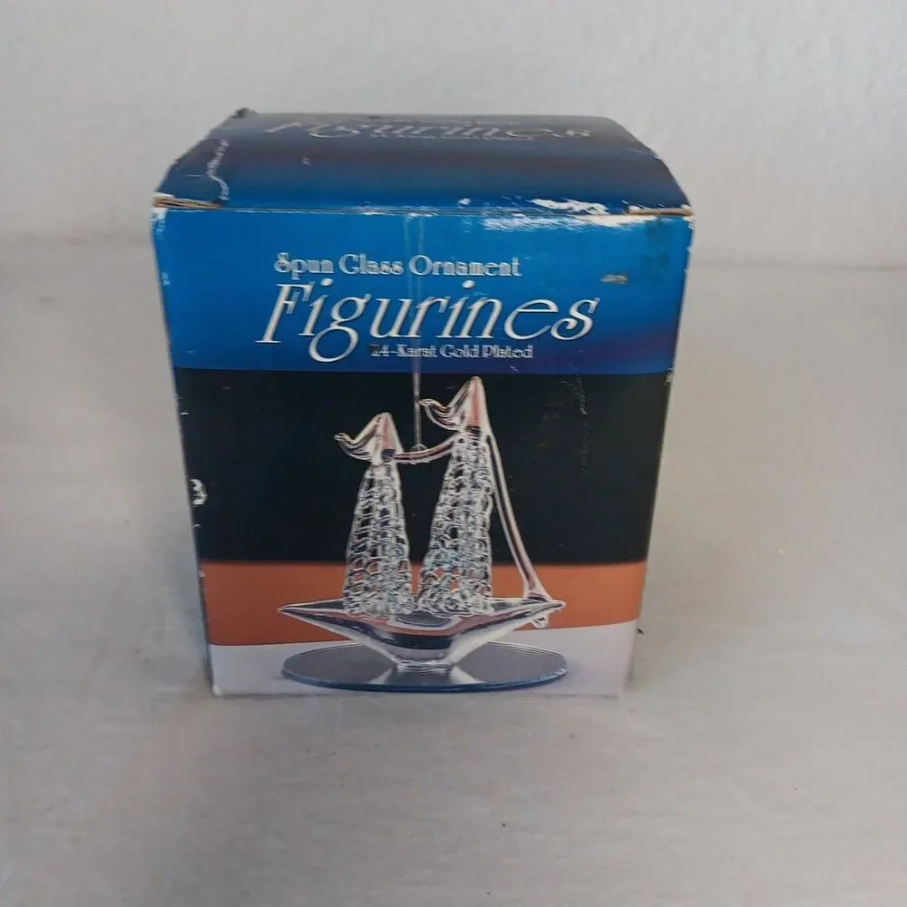 Vintage Spun Glass Ornament Ship 24K Gold Plated Mirror Base